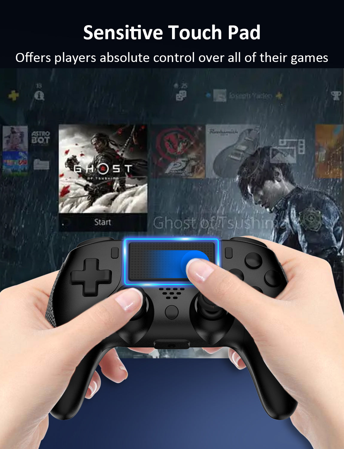 Hands operating the touchpad of the PS5 controller.