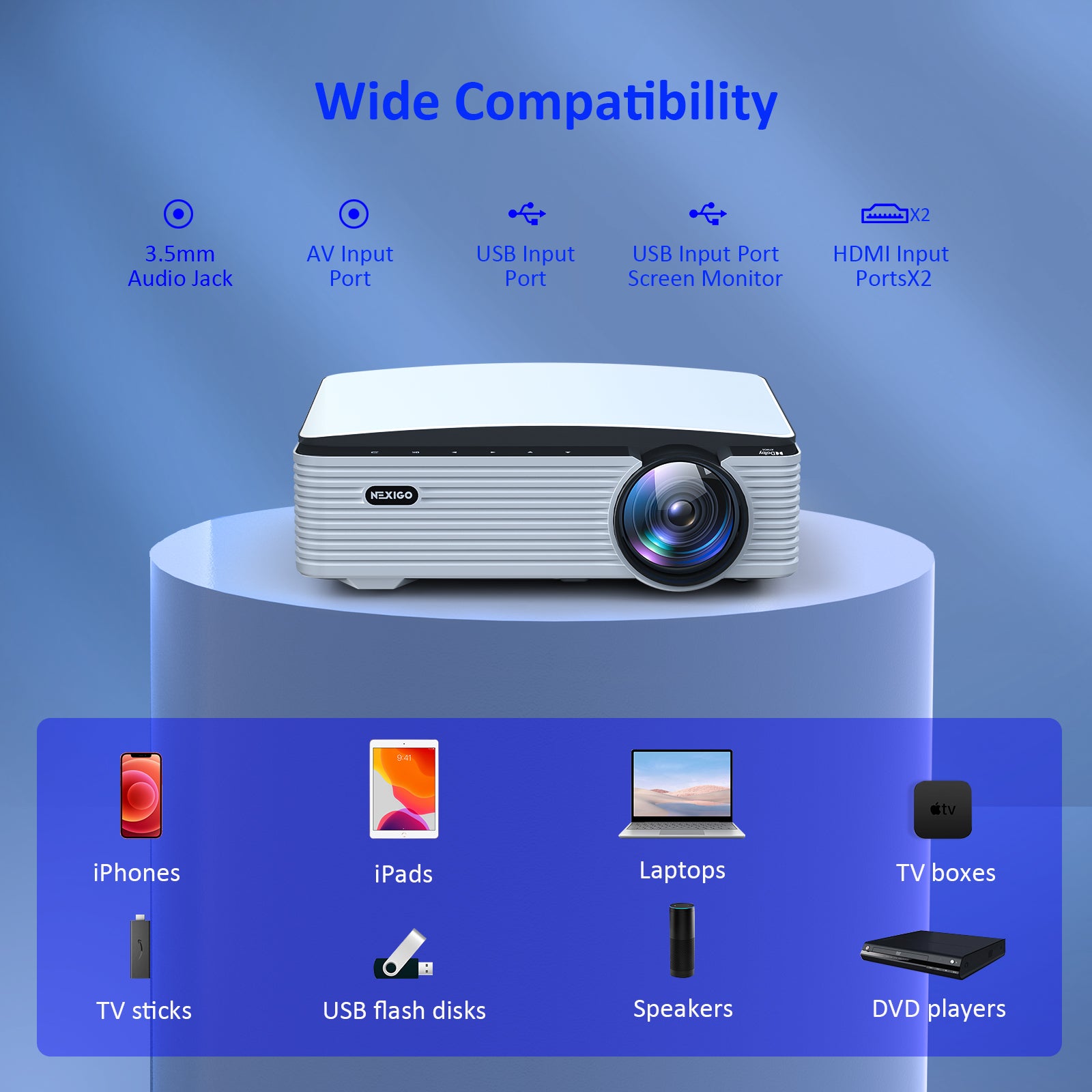 This projector has HDMI, USB, AV, and 3.5mm audio ports for easy connection to various devices.
