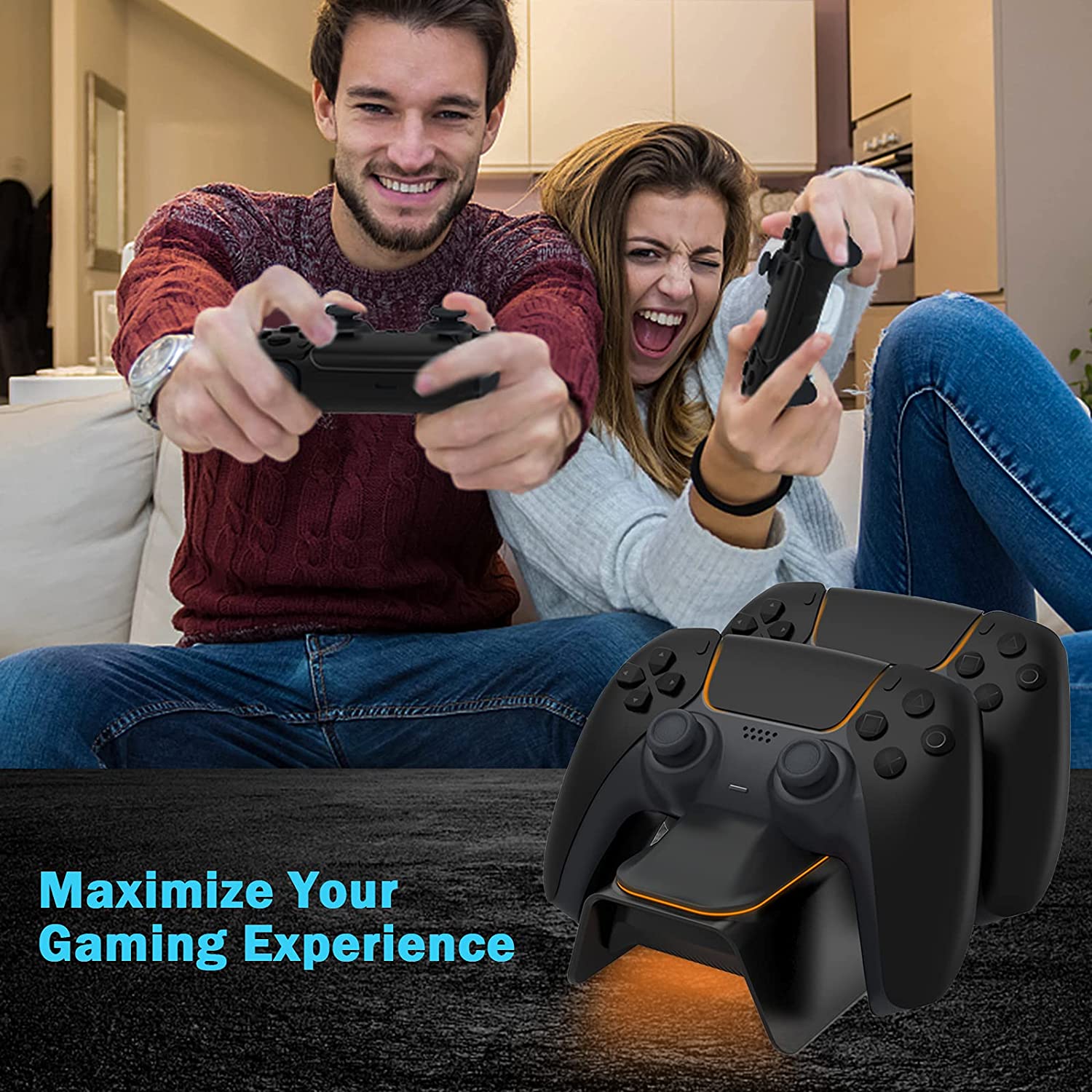 A couple is joyfully playing PS5 games with the Charging Station.