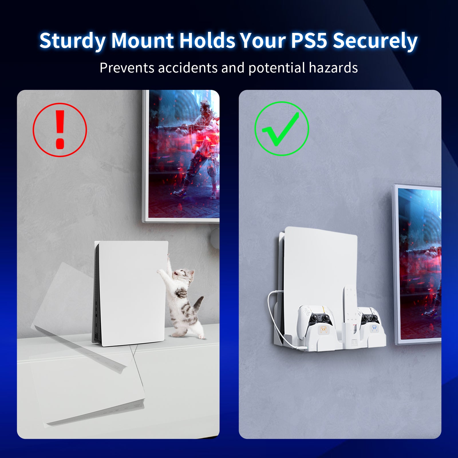 Wall-mounting the PS5 console prevents cats from jumping over it.