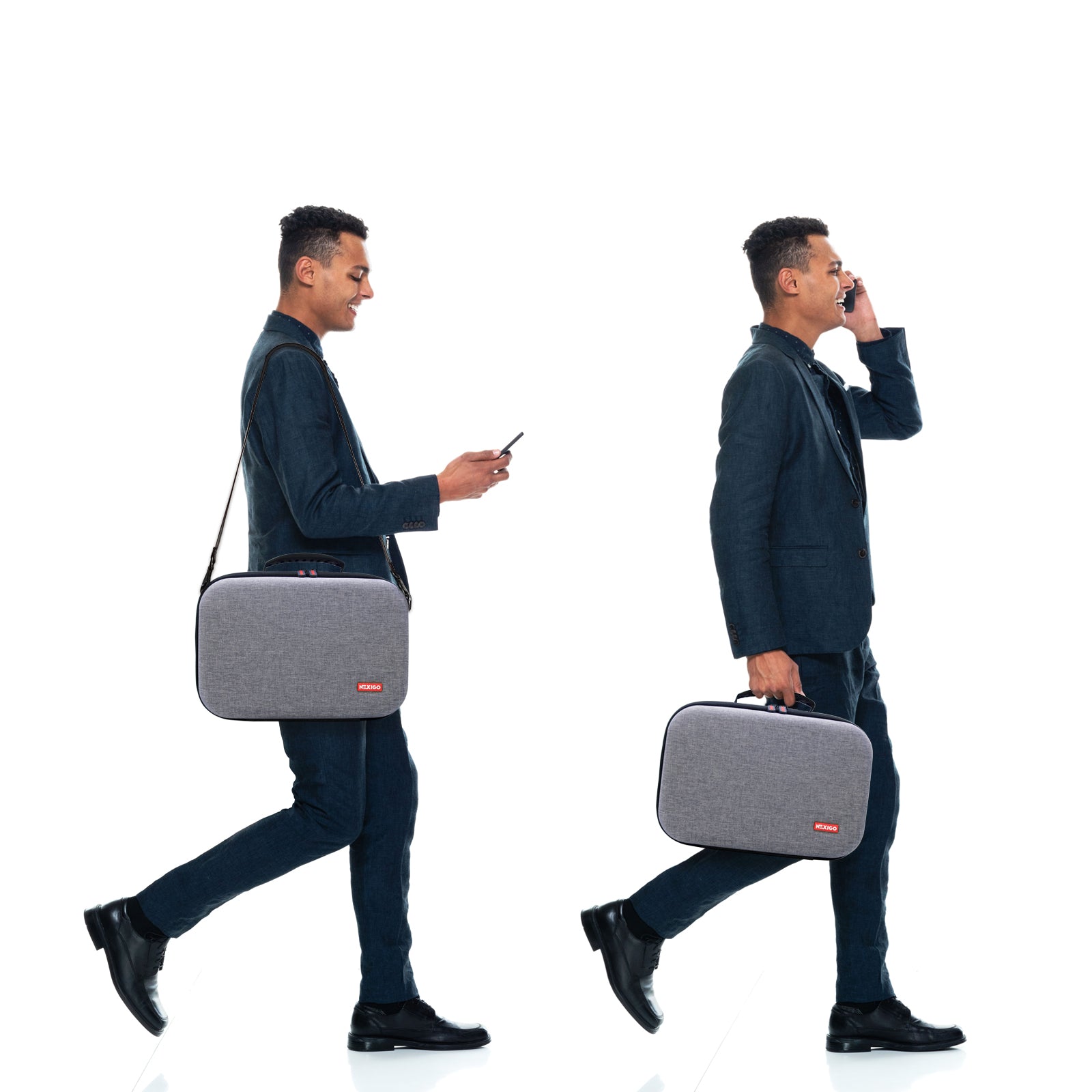 One person carries the carrying case on their shoulder, while the other holds it in their hand. 