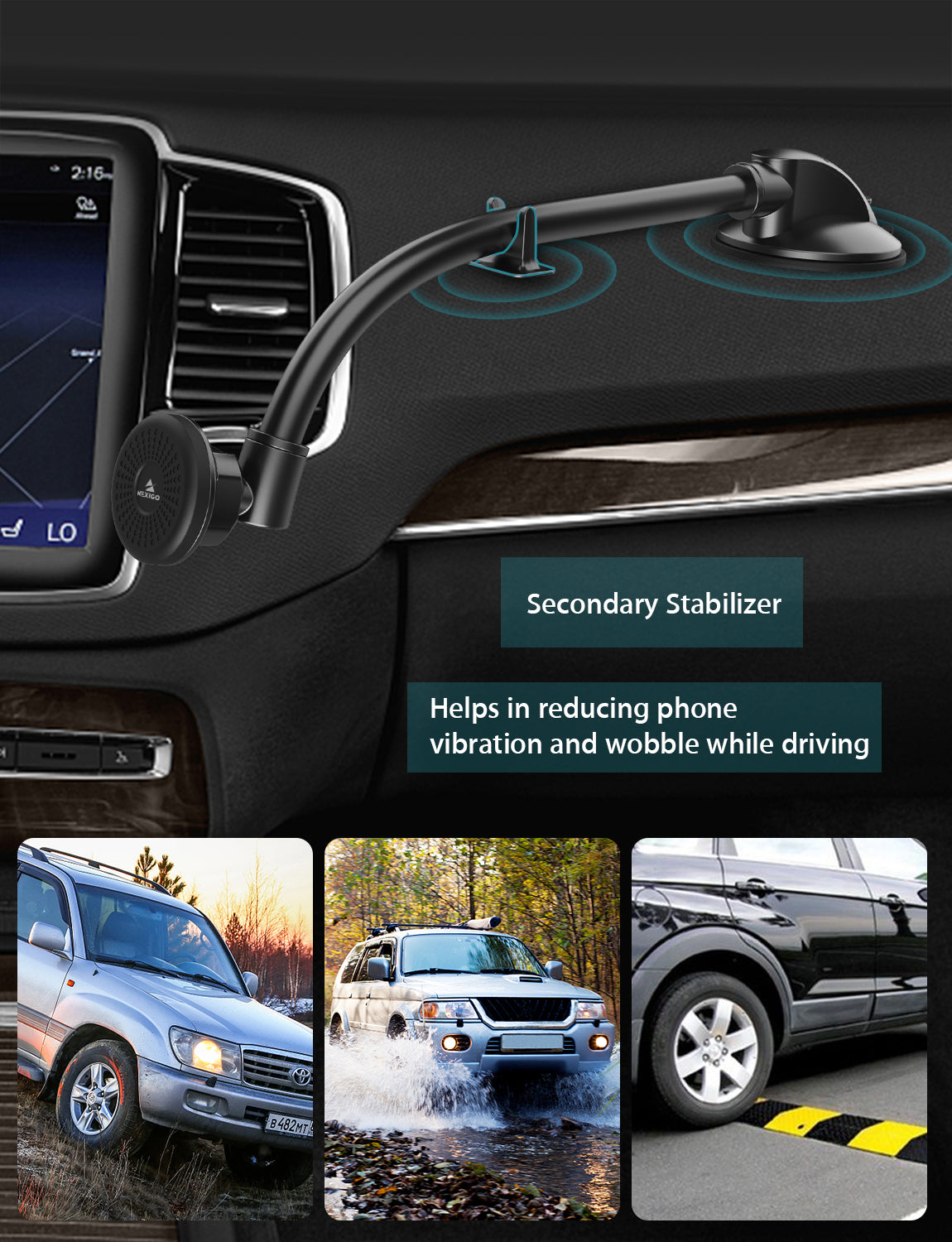 Secondary stabilizer ensures secure phone fixation on rough roads.