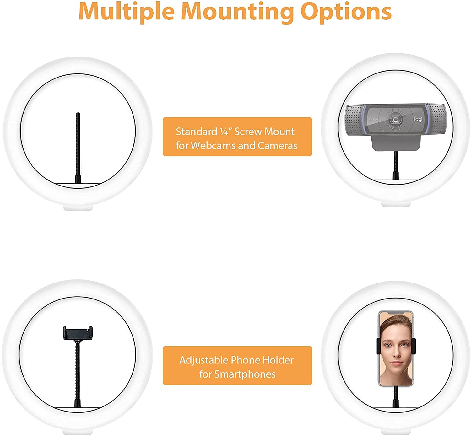 The ring light can support a webcam or phone mounted on it.