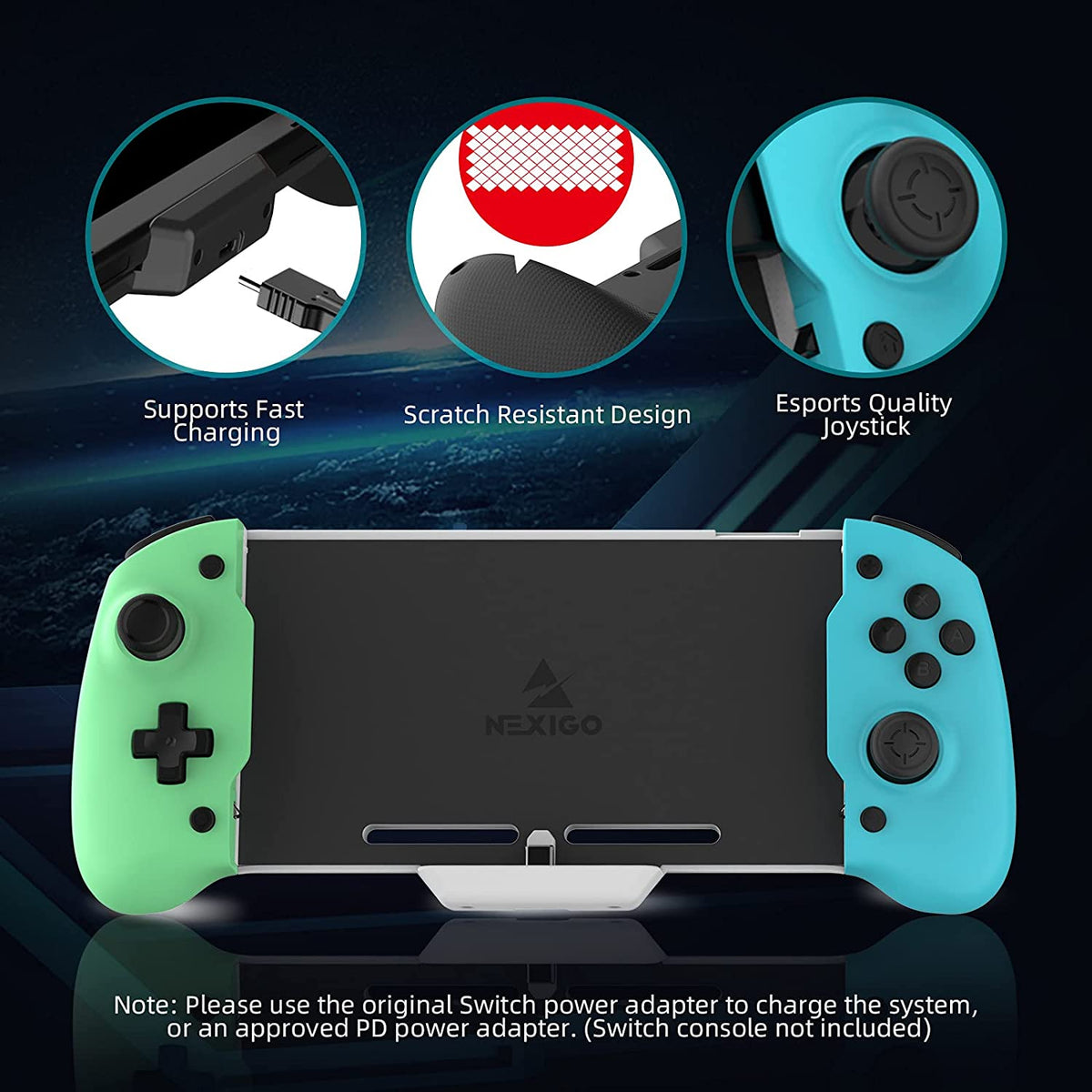 Detail showcase of the controller, such as Scratch Resistant Design and Esports Quality Joystick