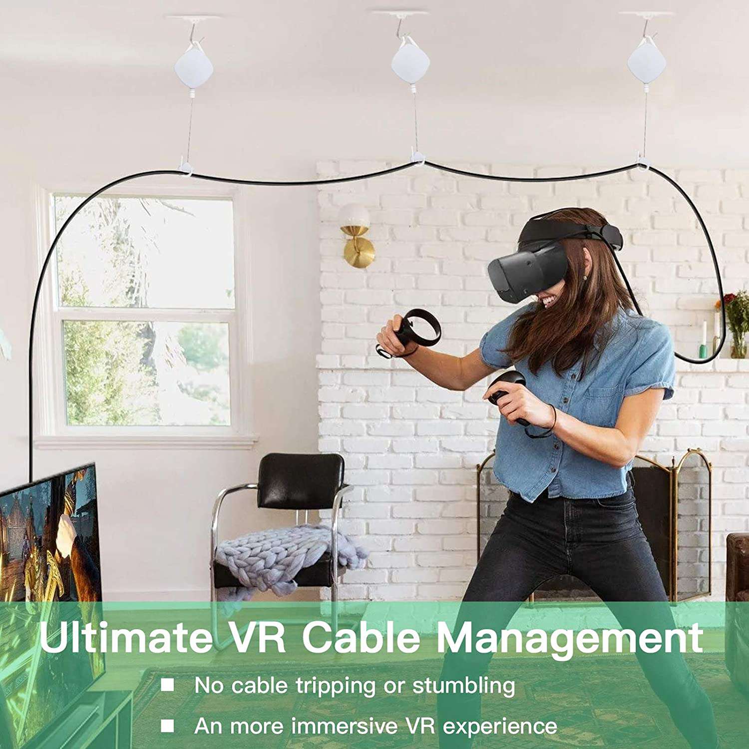 A person is using the VR Cable Management System while playing VR games.