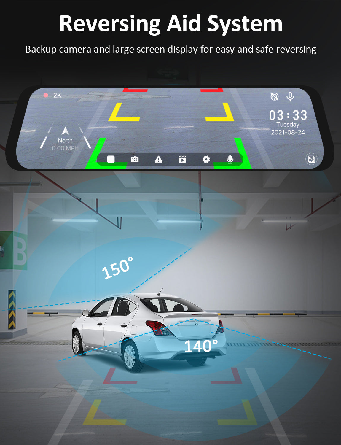 Dash cam screen shows parking guidelines during vehicle reverse wtth 
150° and  140° view angle.