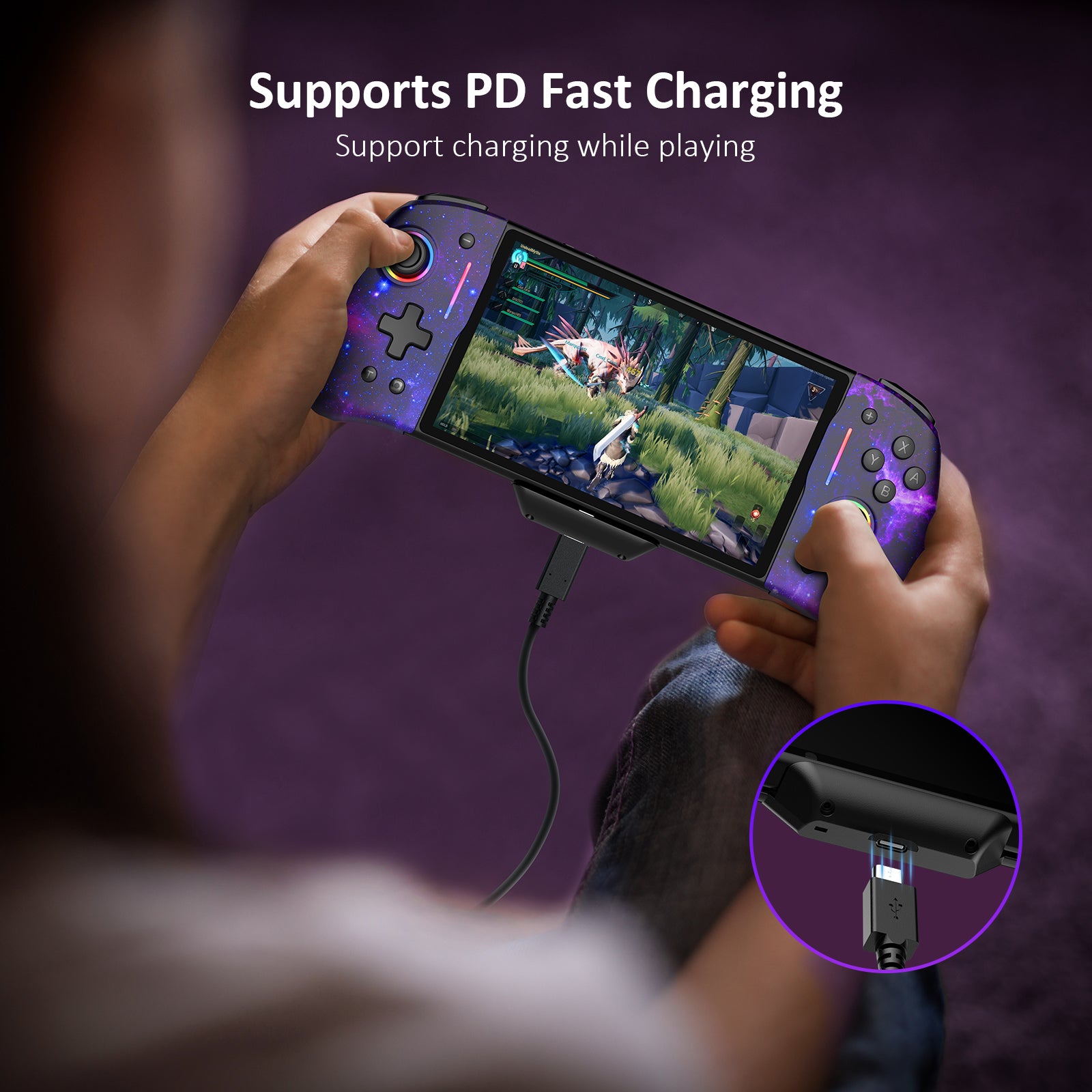 Gripcon controller features a USB port at the bottom, allowing for charging while playing.