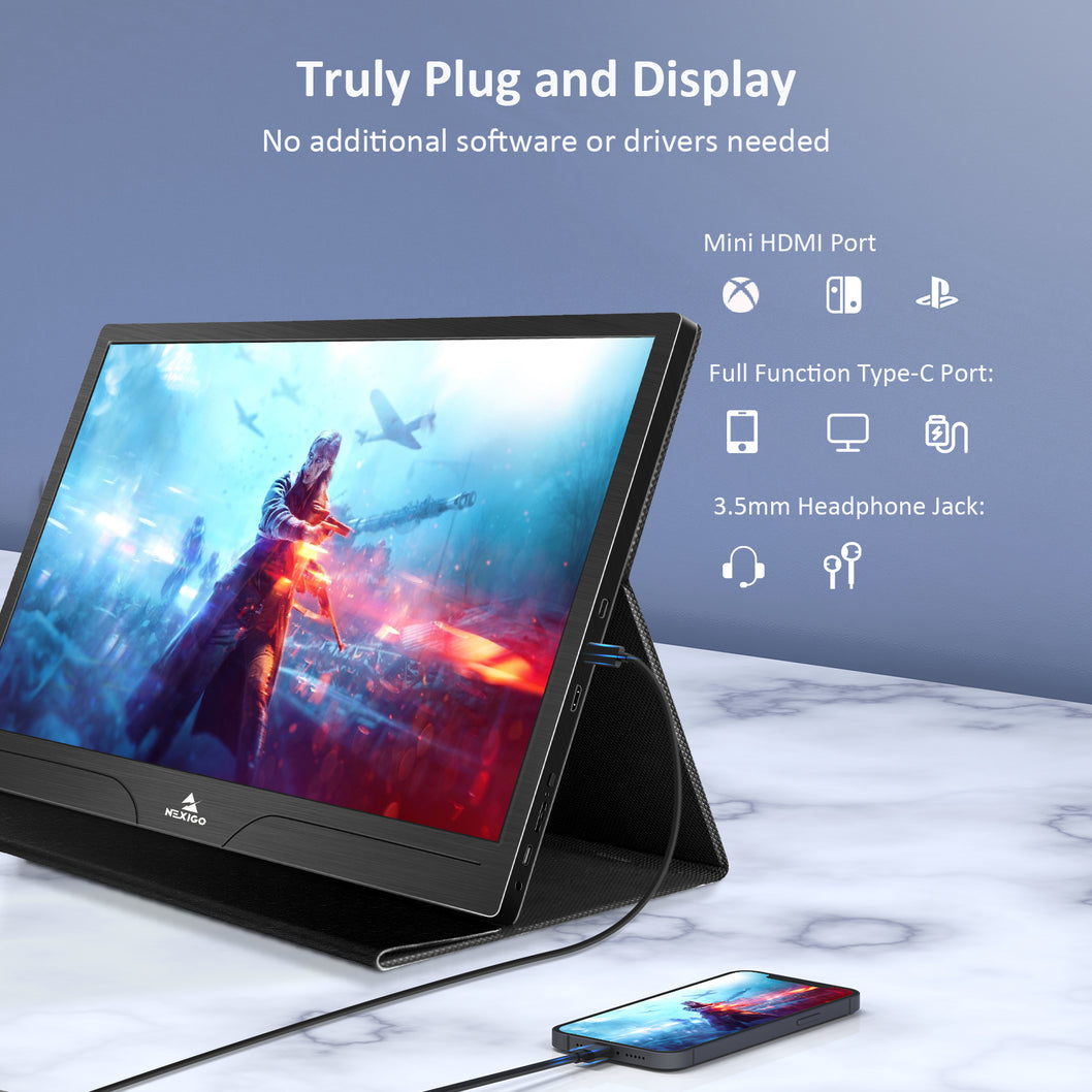 Portable Monitor shows phone game graphics in high quality without drivers, using data cable.