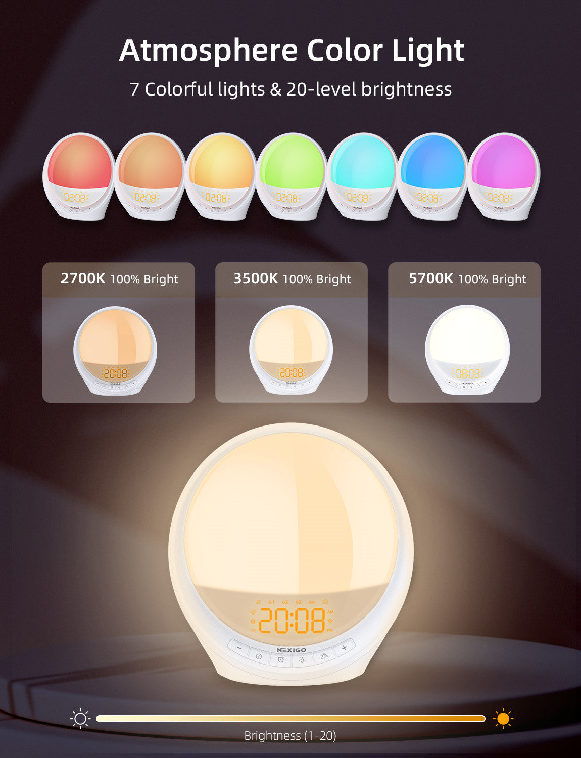 Offers 7 colors and 20 brightness levels, creating the perfect ambiance as you desire.