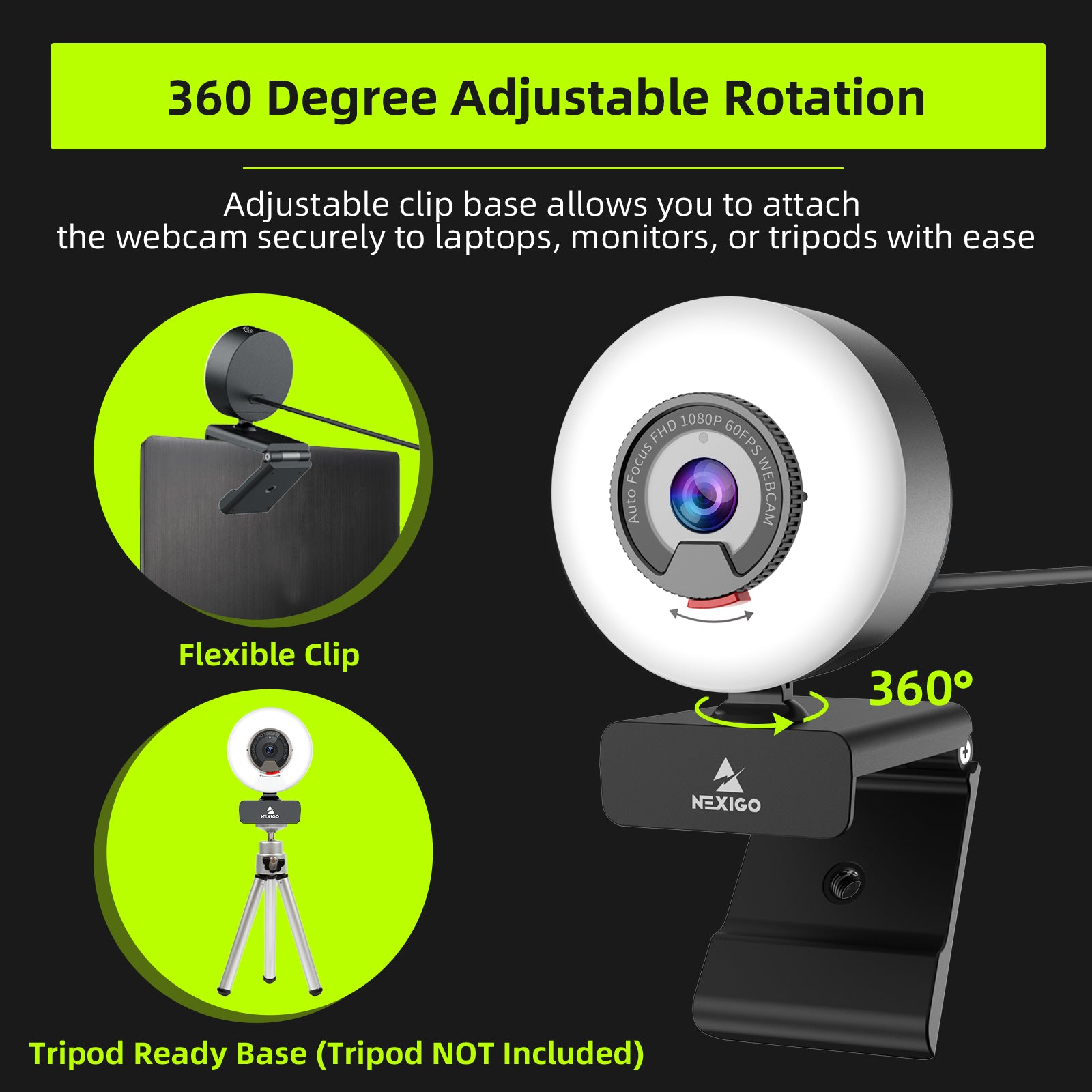 The top webcam can rotate 260° and can be placed on a computer or tripod.