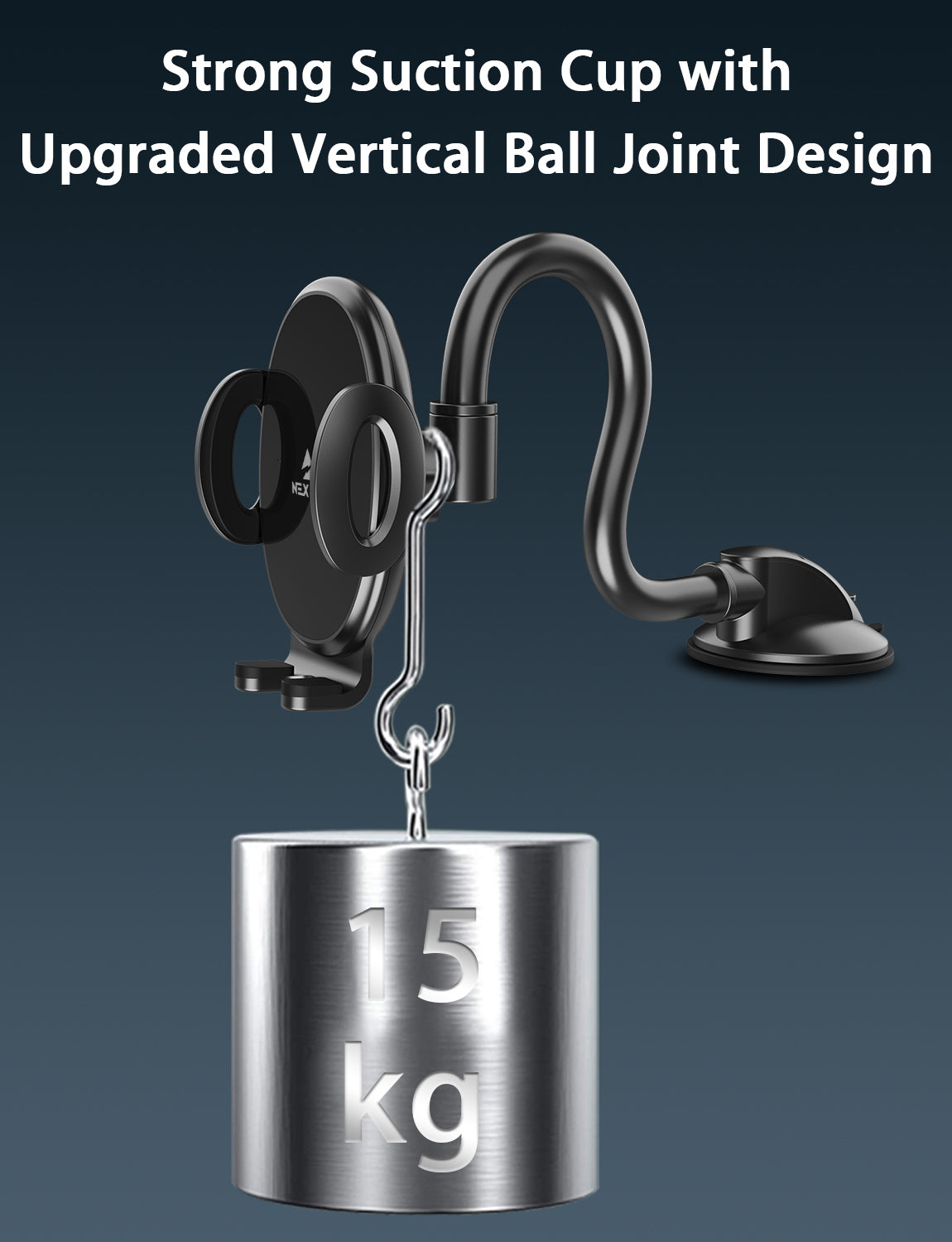 The image showcases a strong suction cup capable of withstanding a weight of 15kg. 