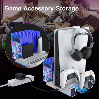 The console is placed on a cooling stand to dissipate heat, and the two controllers are charging.