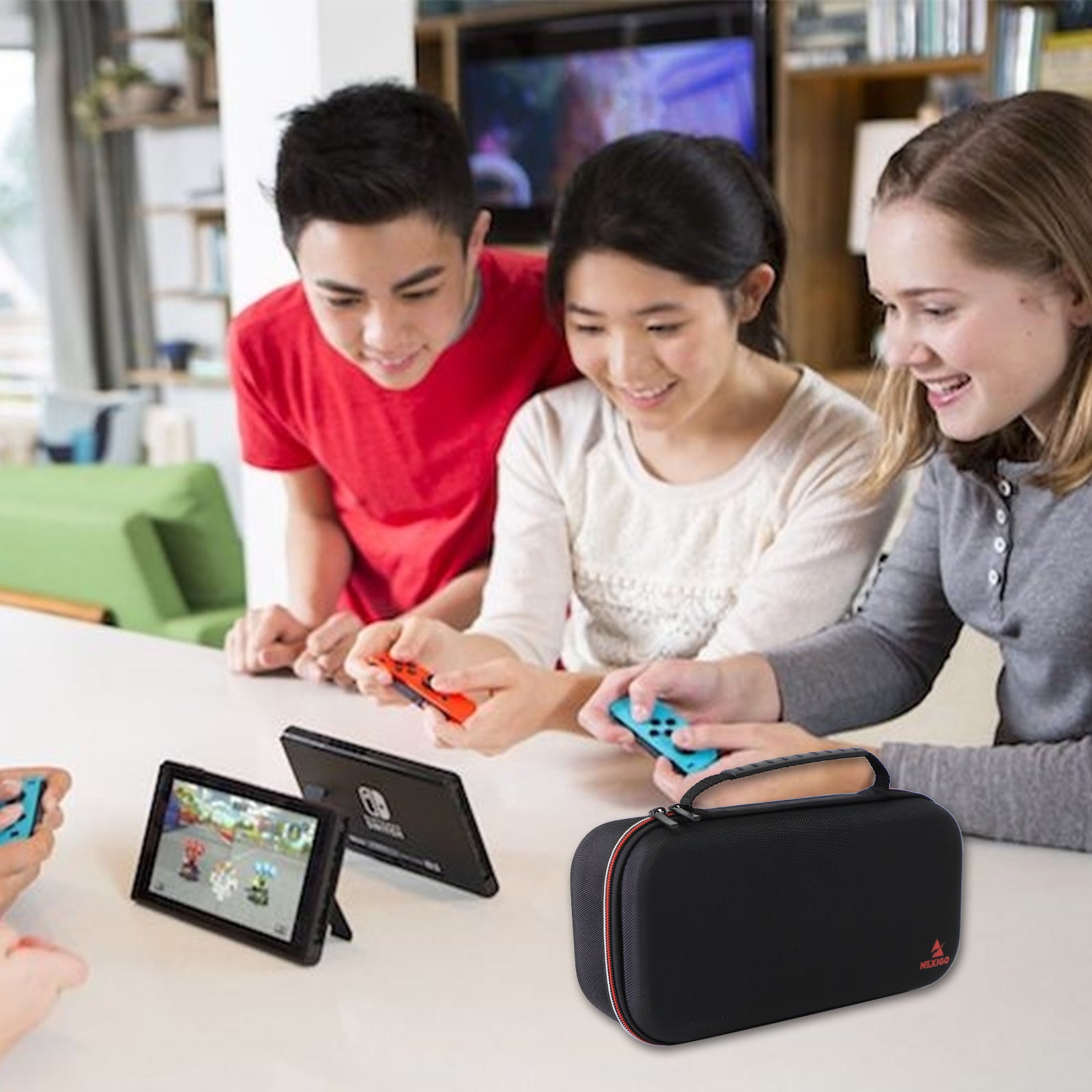 Three people are gaming on a Switch with the NexiGo Black Carry Case with handle on the table. 