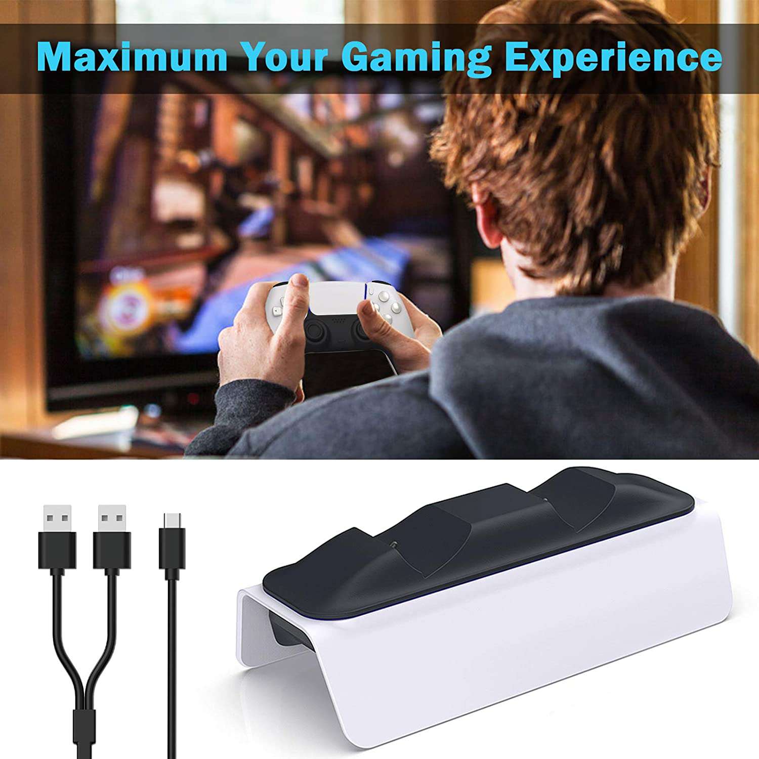 A gamer is enjoying PS5 games with charging station, enhancing the gaming experience.