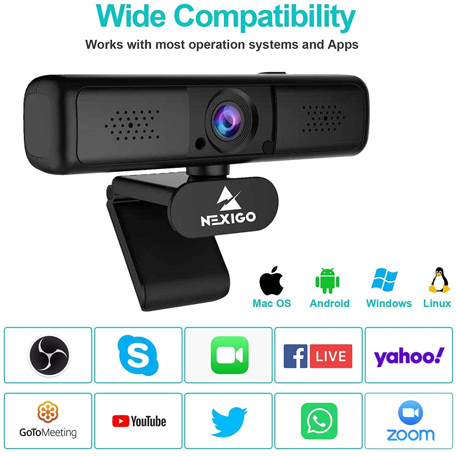Wide-compatible webcam supports Skype, Zoom, and Facetime on MacOS, Android, and Windows.