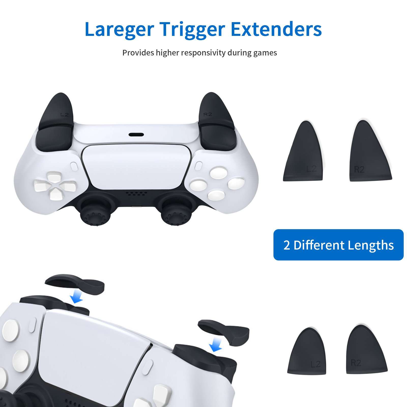 Package includes PS5 controller compatible Trigger Extenders with 2 Lengths