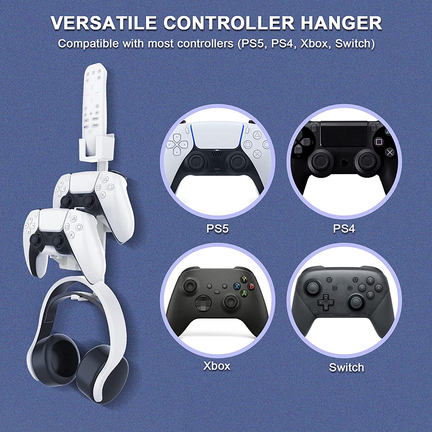 Included multi-controller hanger, compatible with most controllers (PS5, PS4, Xbox, Switch).