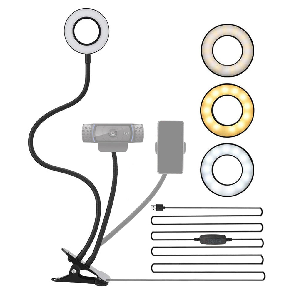 Single Ring Light with 3 Lighting Modes and phone/webcam holder (Black)
