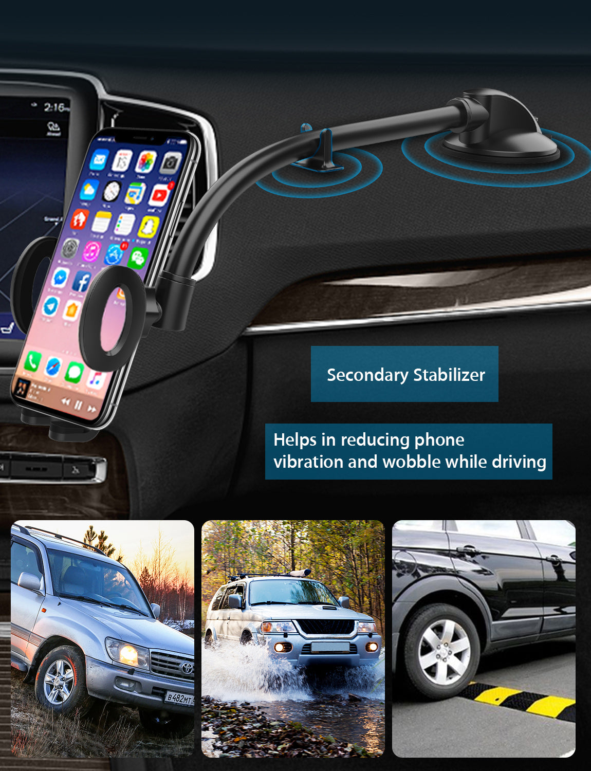 Secondary stabilizer ensures secure phone fixation on rough roads.