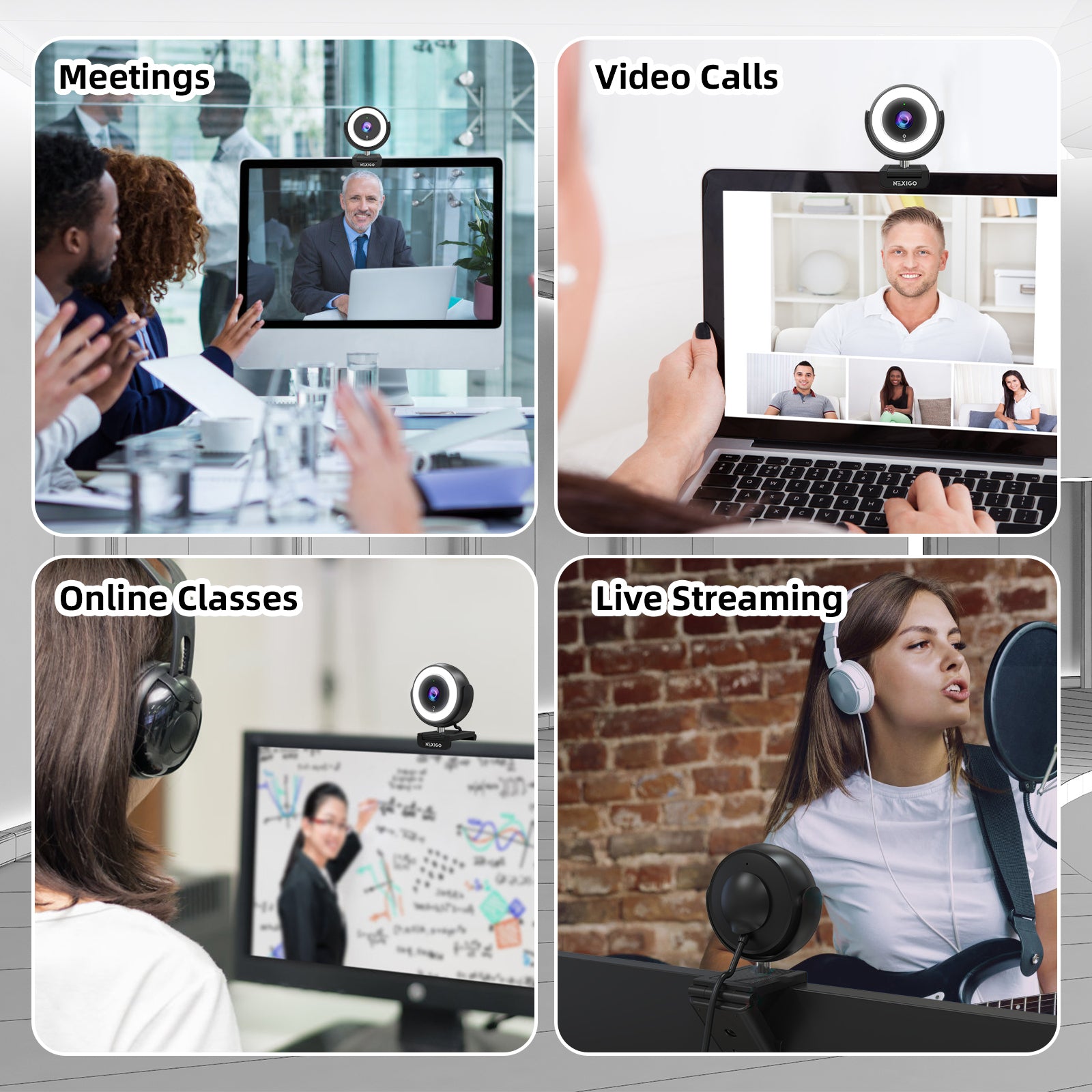 The webcam is used for Meetings, Online Classes, Video Calls, and Live Streaming.