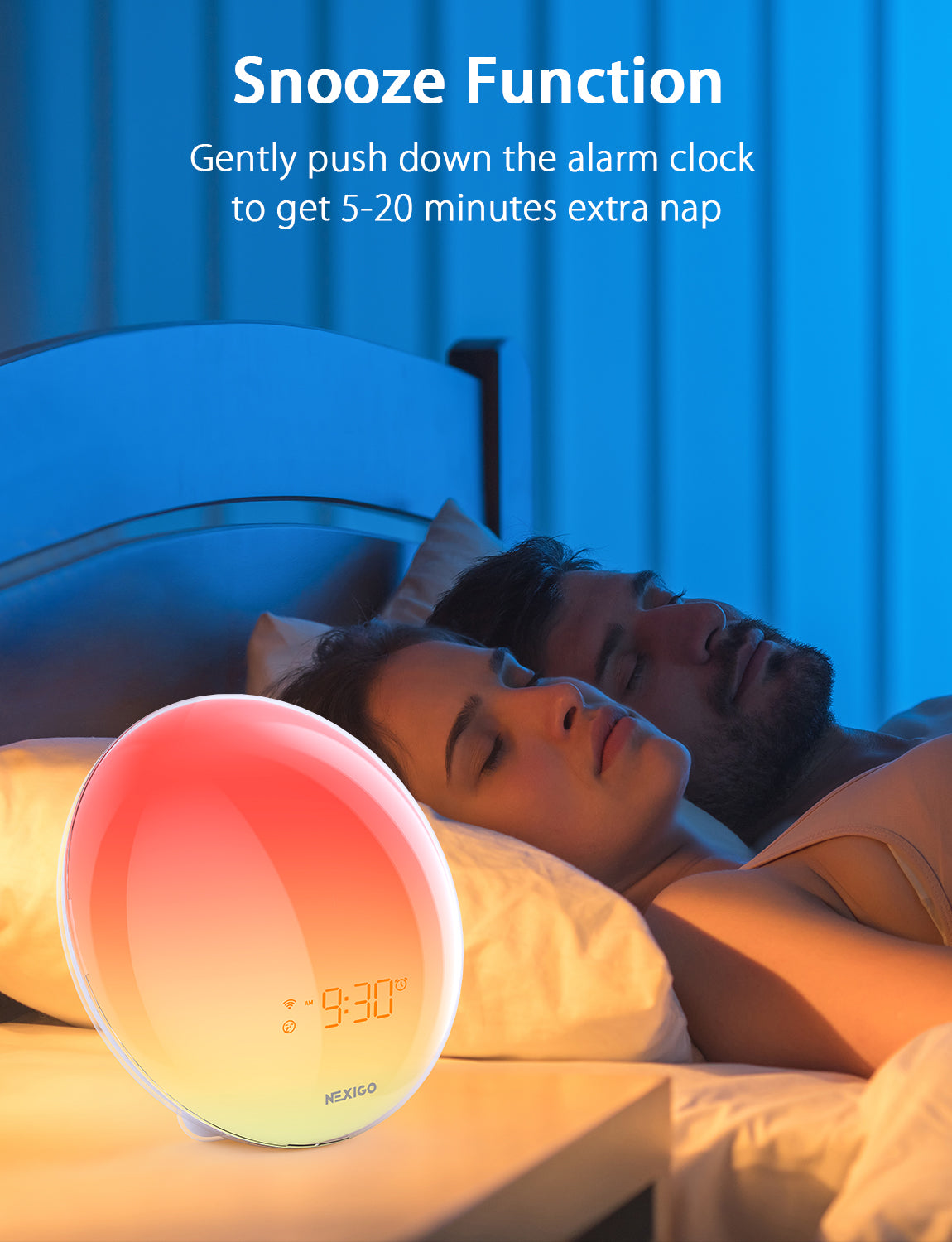 Alarm Clock with Snooze function, offering 5-20 minutes of extra nap time.