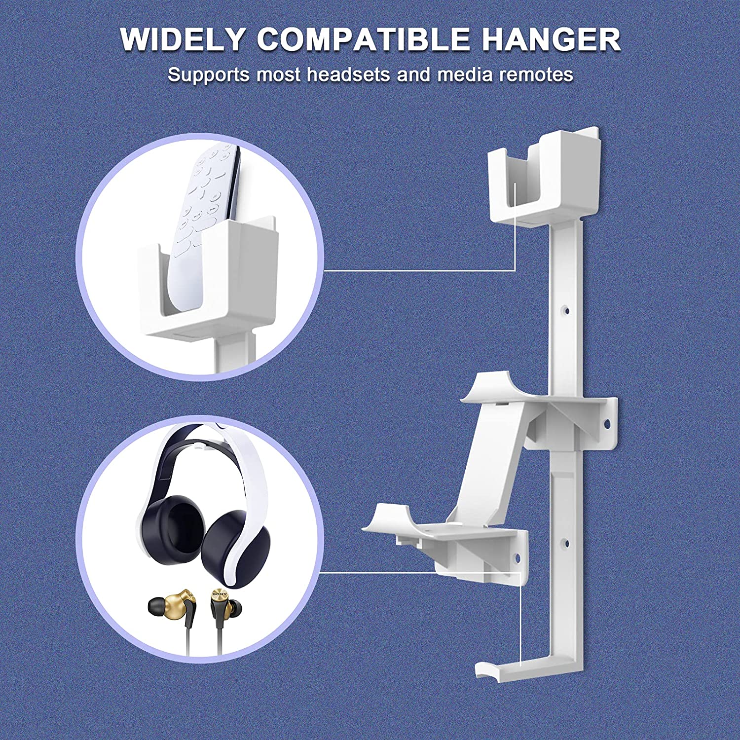 Highly versatile multi-controller hanger supports remote and headphone placement too.