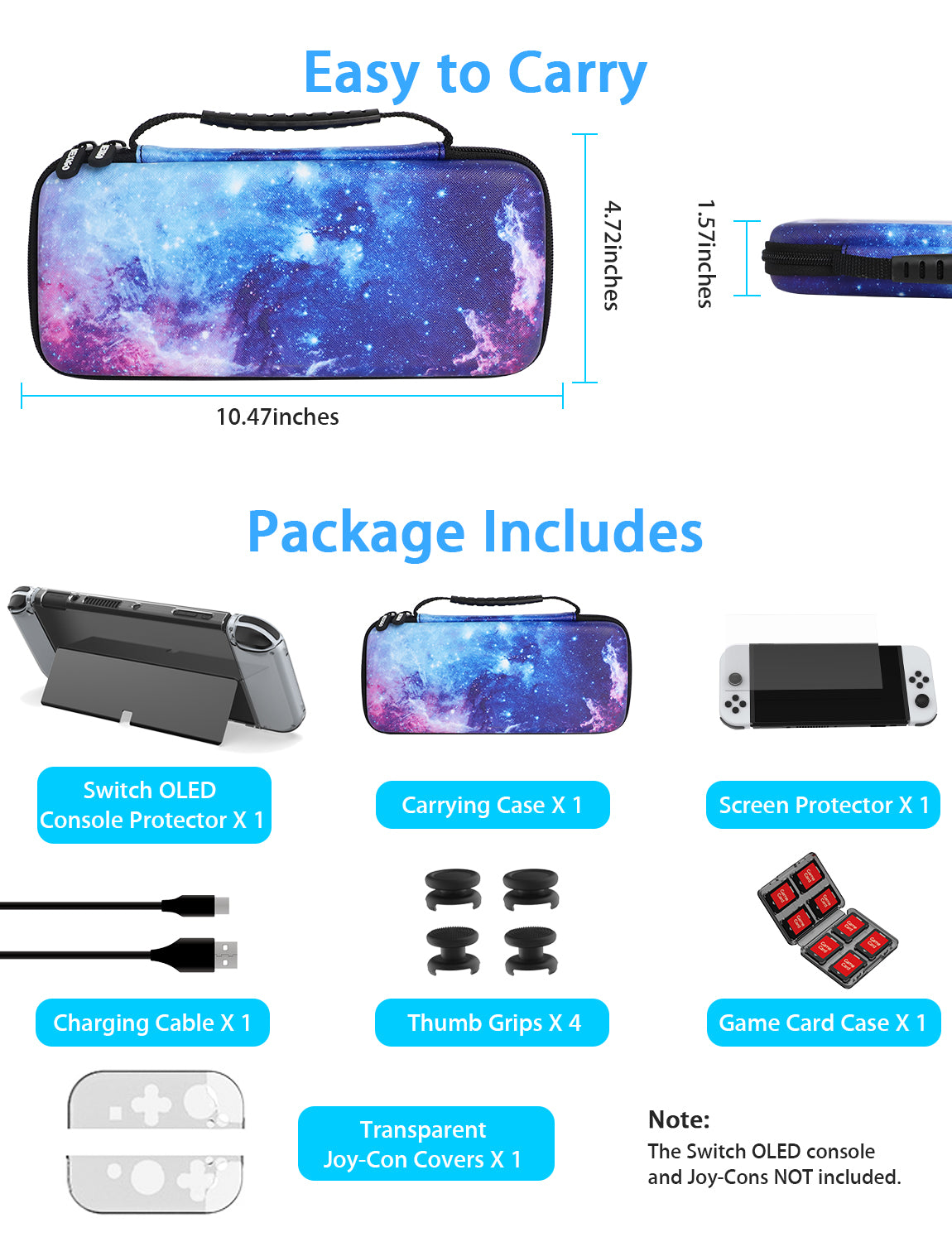 Package includes Carrying Case, Screen Protector,Joystick Caps,Protective Case, Joy-Con Cover Cable