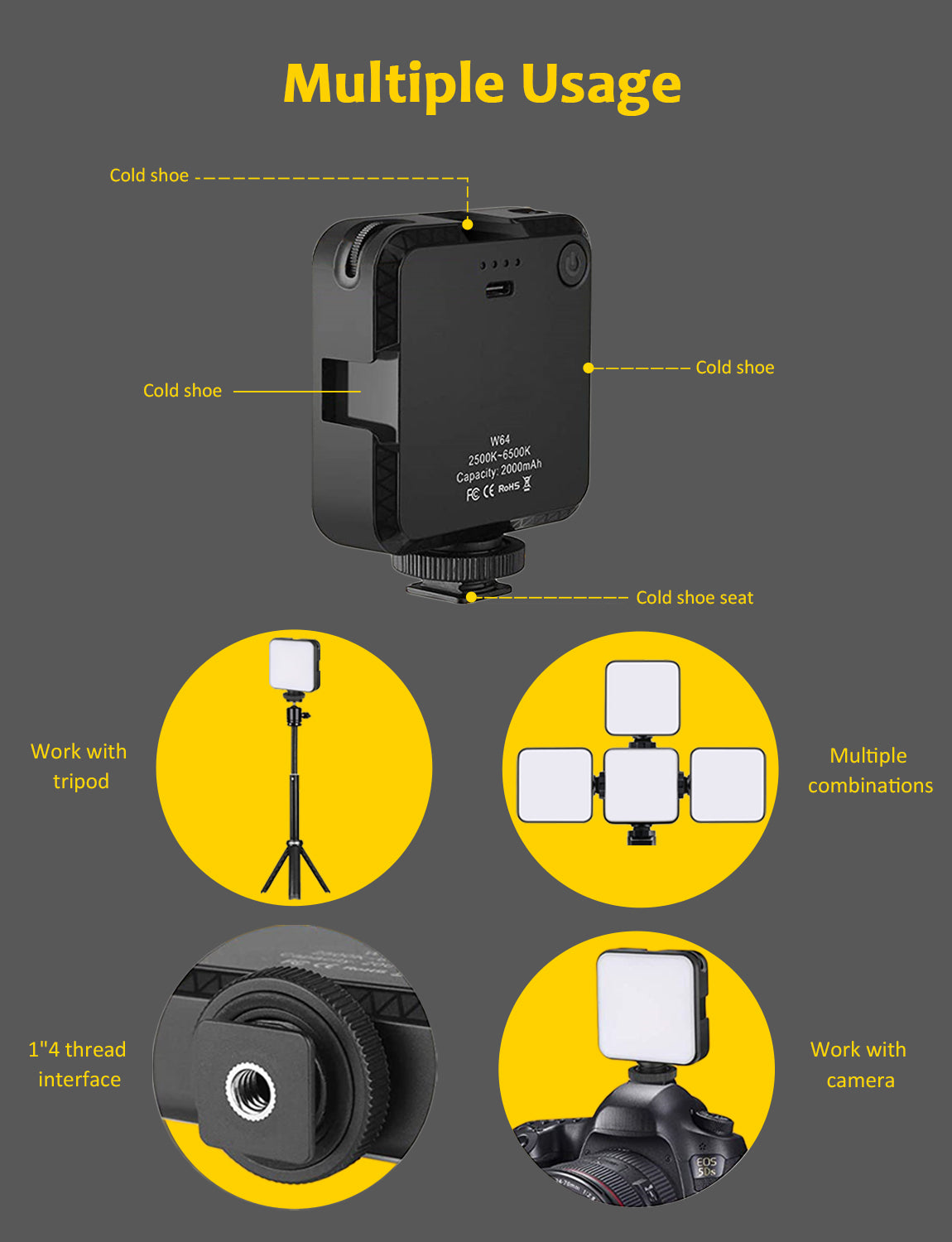 Shows the button for the Lighting Kit. The light can be mounted on a tripod or camera.