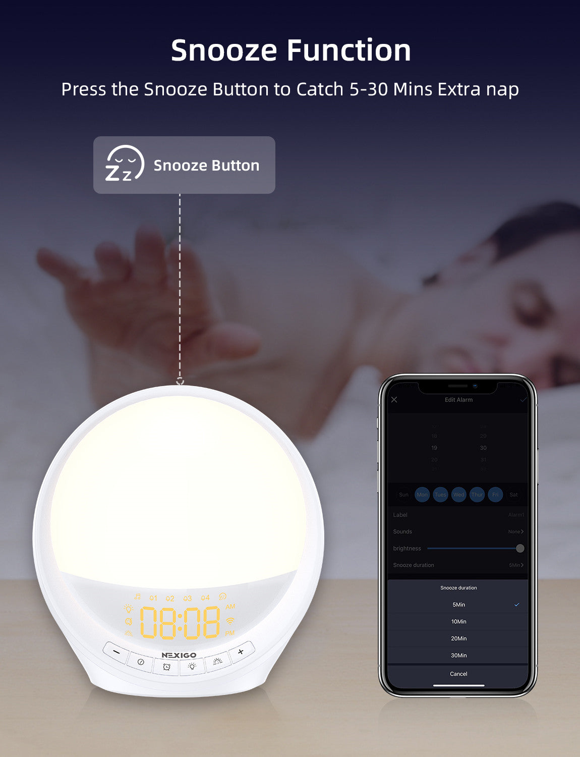Feature snooze function, press the snooze button for an additional 5 to 30 minutes of snooze.