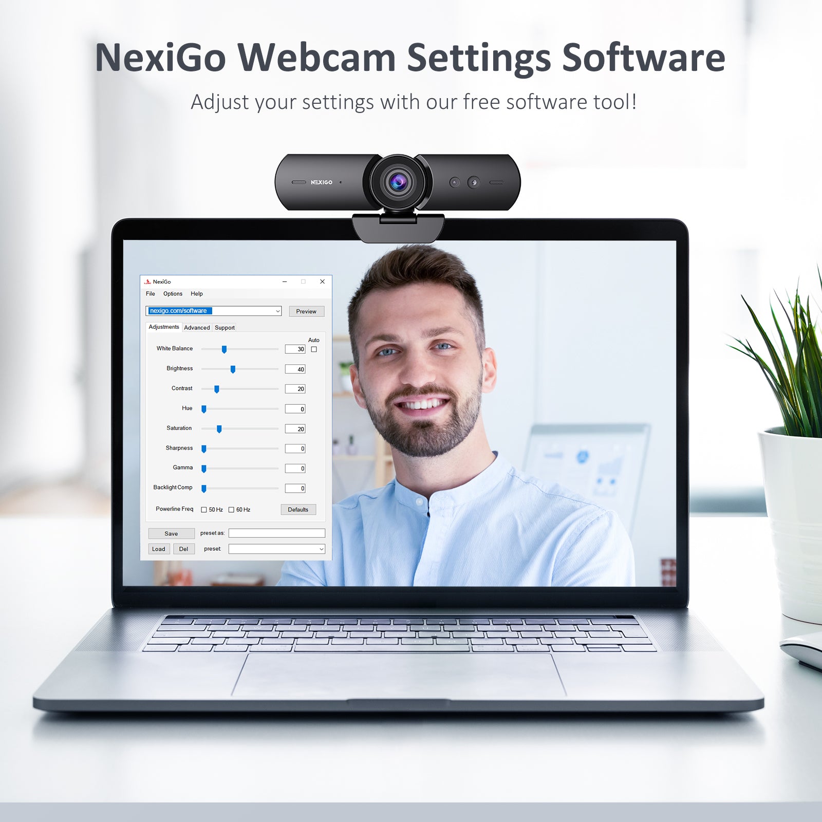 NexiGo N930W mounts on laptop, adjustable via NexiGo software for webcam settings.