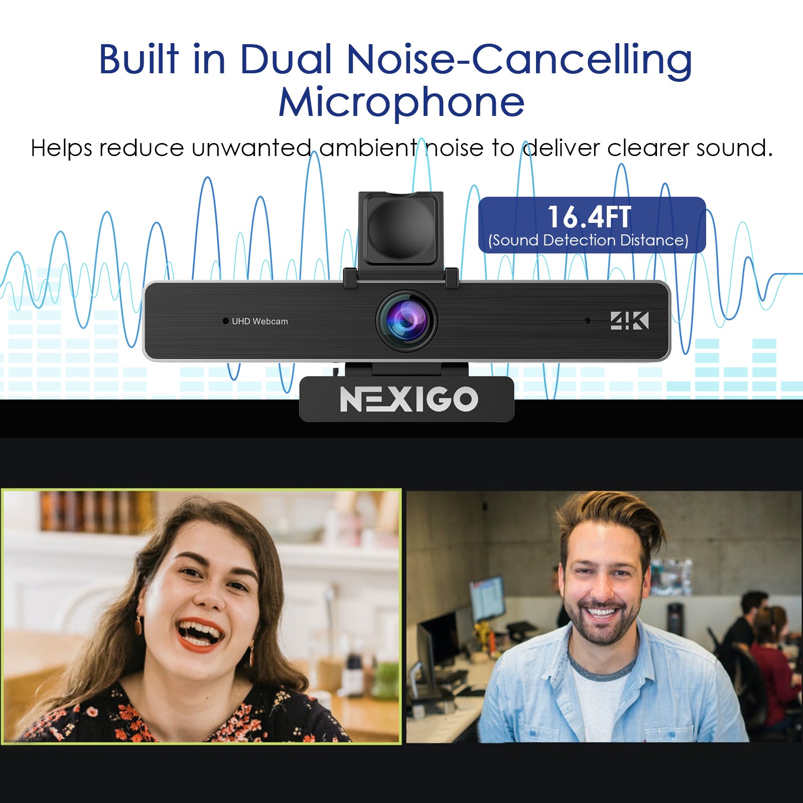 The webcam features built-in dual noise-canceling microphone with a maximum range of 18 ft