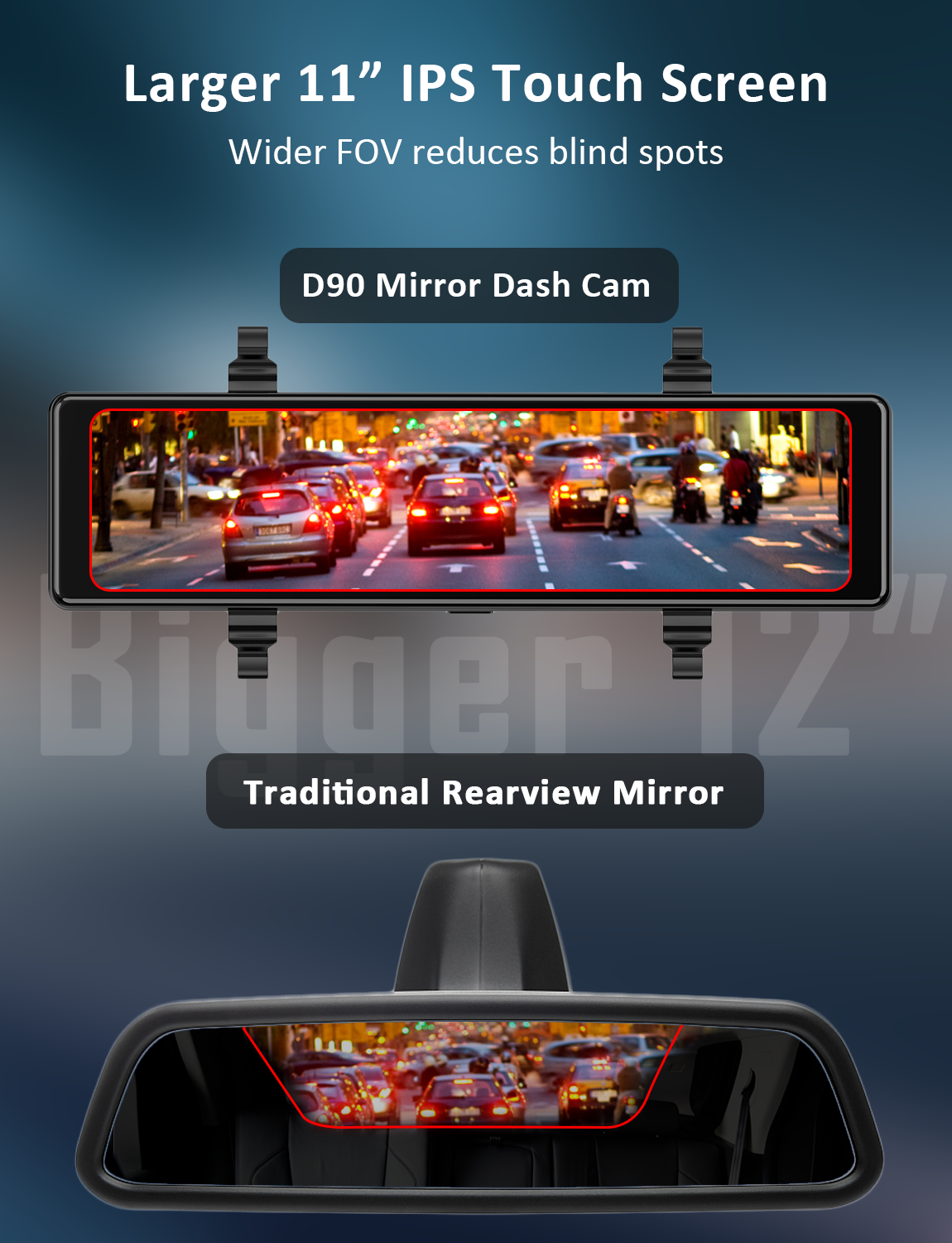 Compared to traditional car rearview mirror, the D90 11-inch screen can provide a wider view.