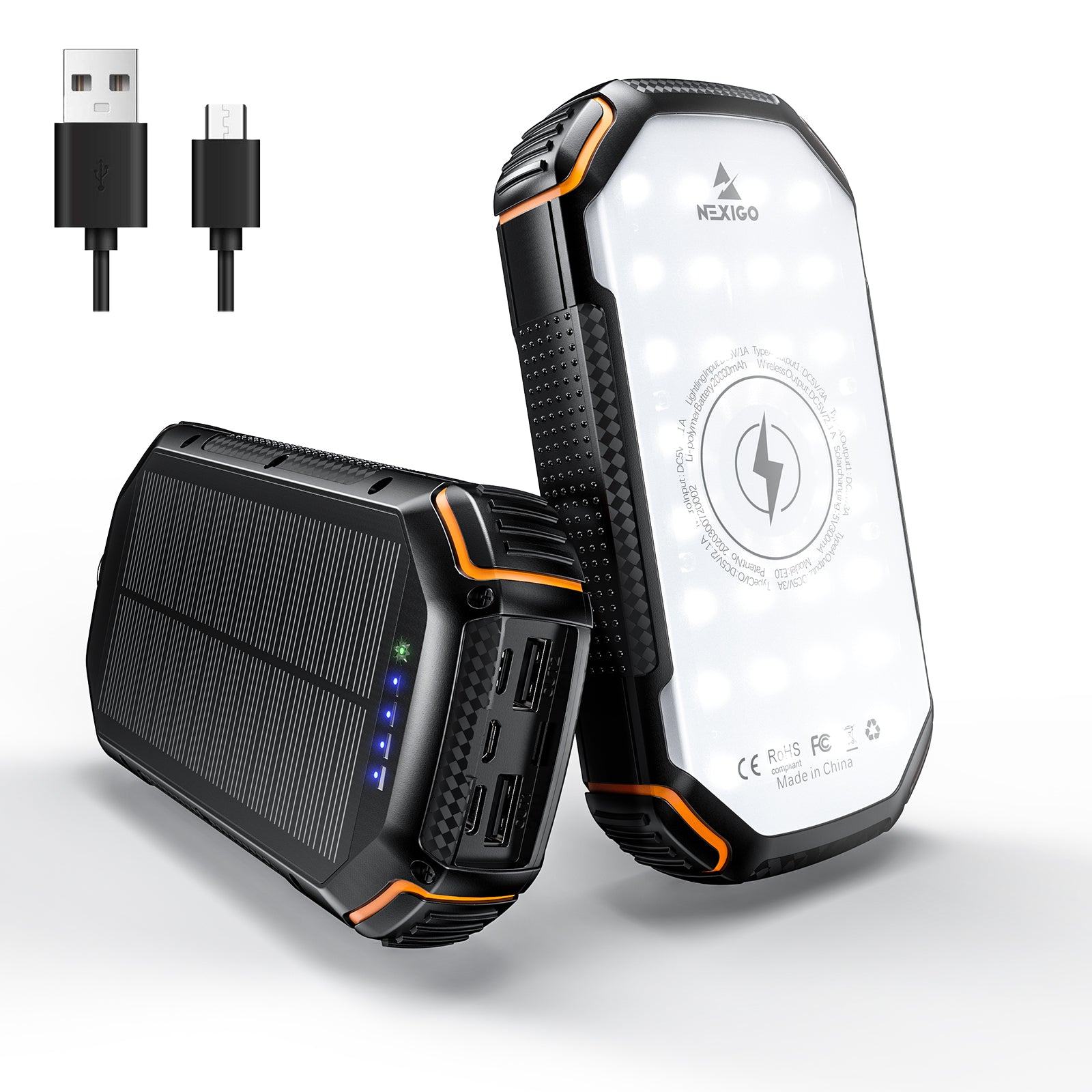 Two NexiGo E20 solar power banks are included with a charging cable. 