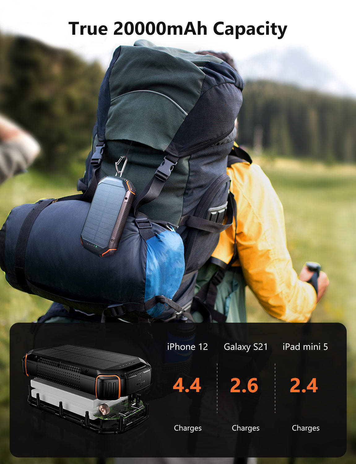 The 2000mAh power bank can be hung on a backpack and charge an iPhone 4.4 times, Galaxy 2.6 times.