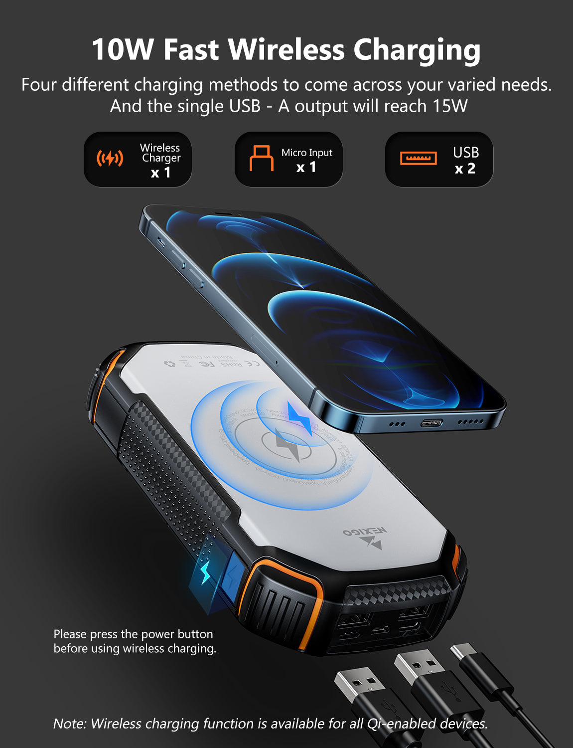 The power bank supports 10W fast wireless charging for smartphones.