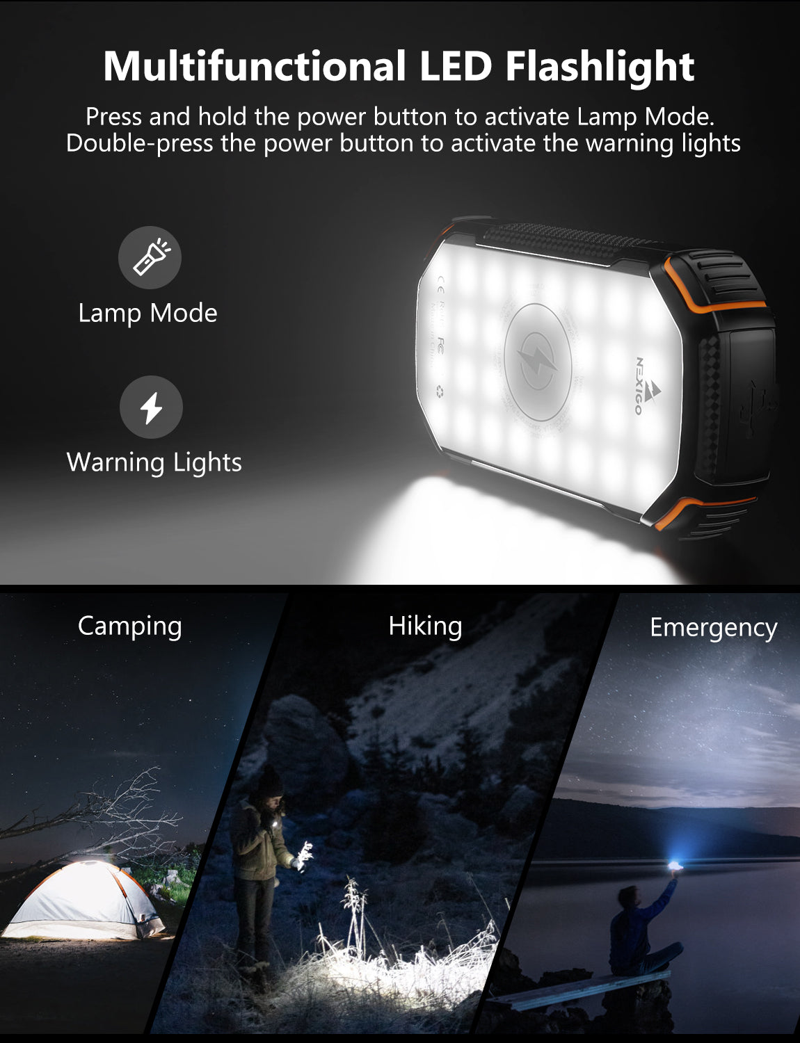 Lamp modes available. Utilize the power bank for camping, hiking, or emergencies. 