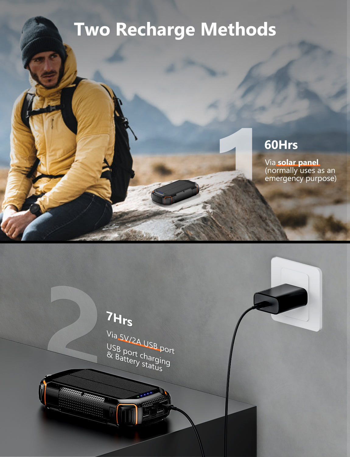 Chargeable via solar energy or a 5V/2A adapter.