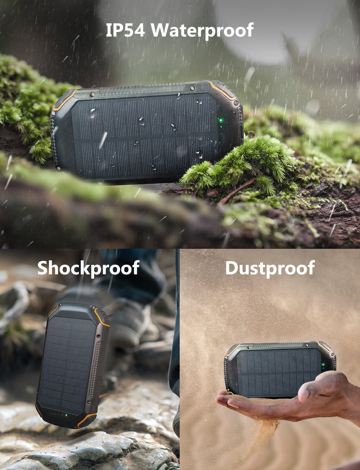Power bank has IP54 waterproof rating, shockproof, and dustproof. 