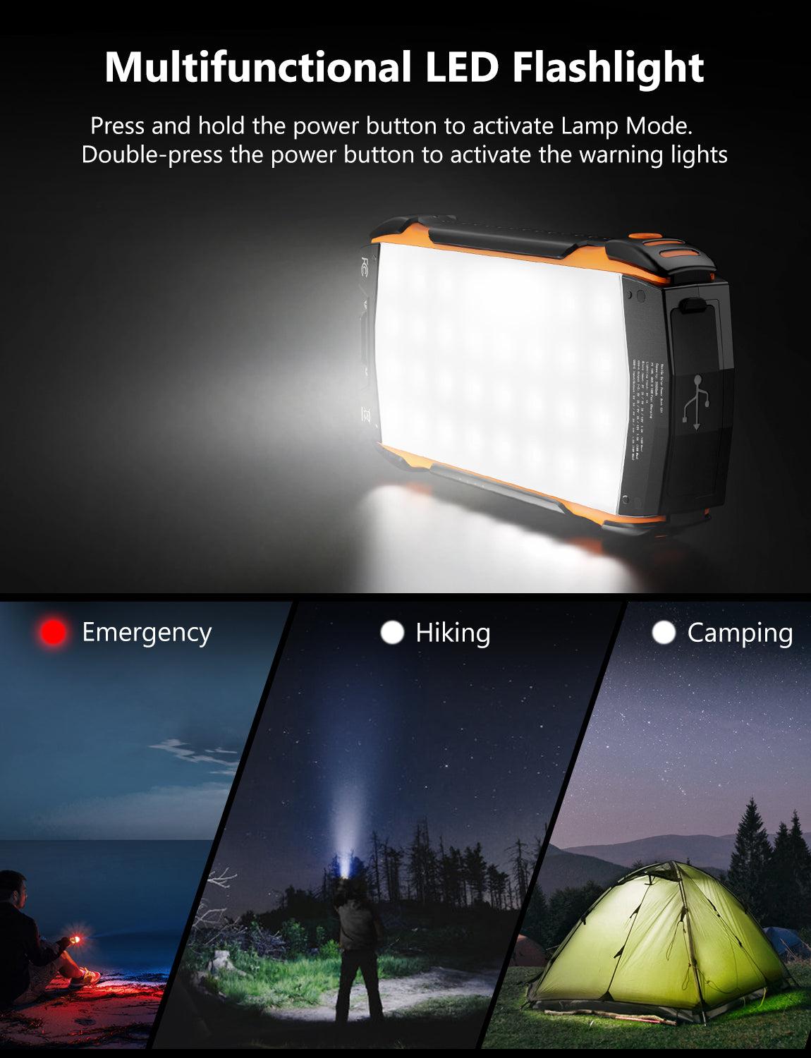 Versatile power bank for camping, hiking, and emergencies with lamp modes. 