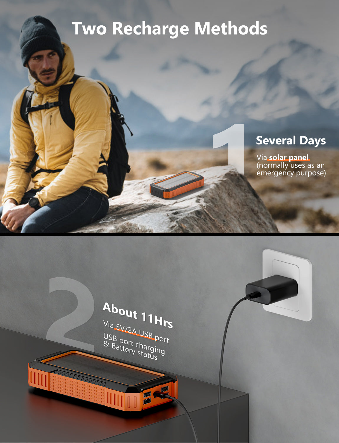 Chargeable via solar energy or 5V/2A adapter. 
