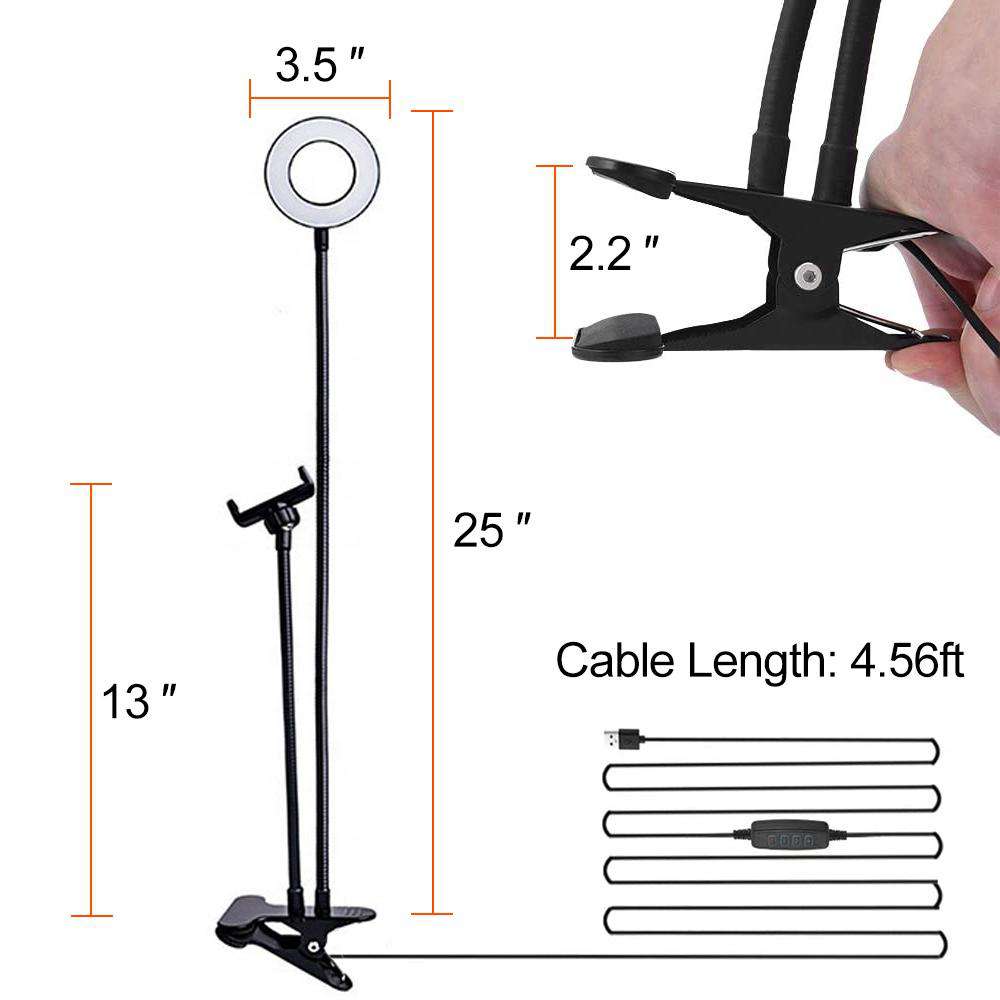 Cable: 4.56ft, Bracket Height: 25ft, Holder Height: 13ft, Ring Light Size: 3.5ft