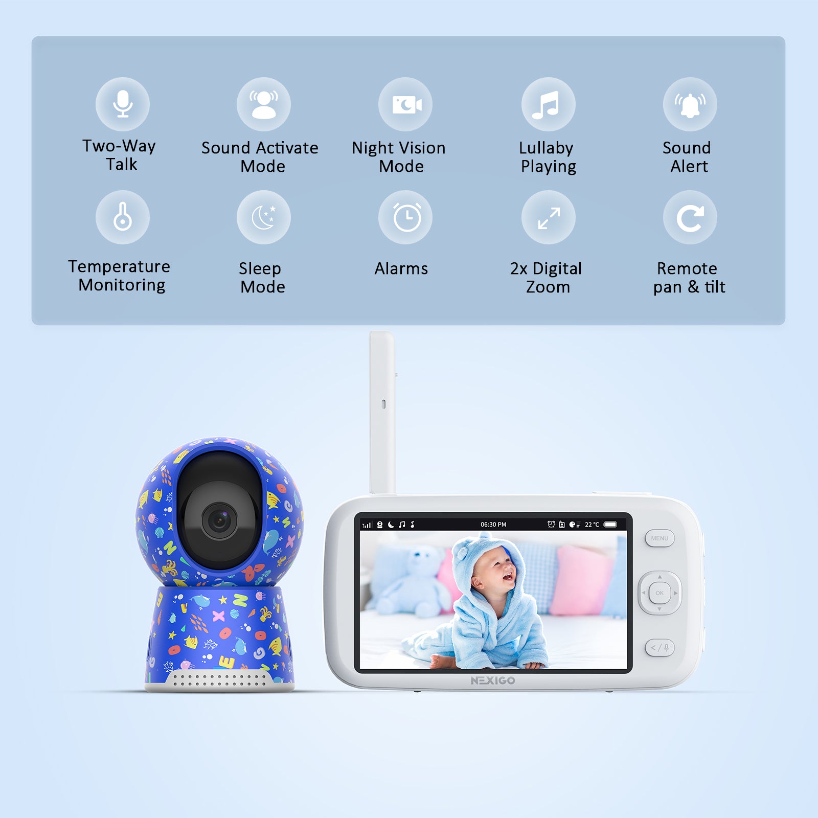 Video Baby Monitor features displayed: Two-Way Talk, Sound-Activated Mode, and more.