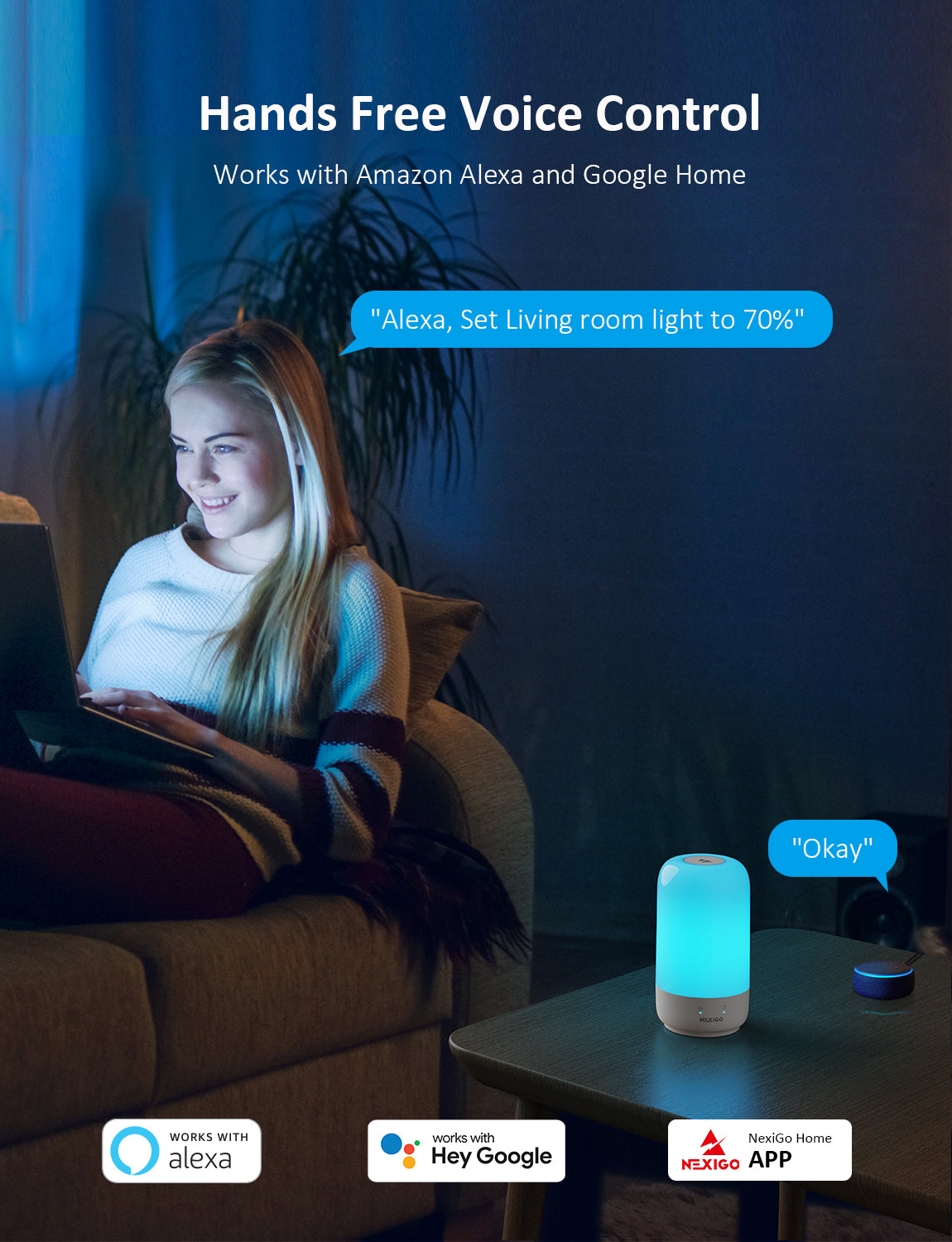 Hands-Free Voice Control, supports Amazon Alexa and Google Home for voice control.