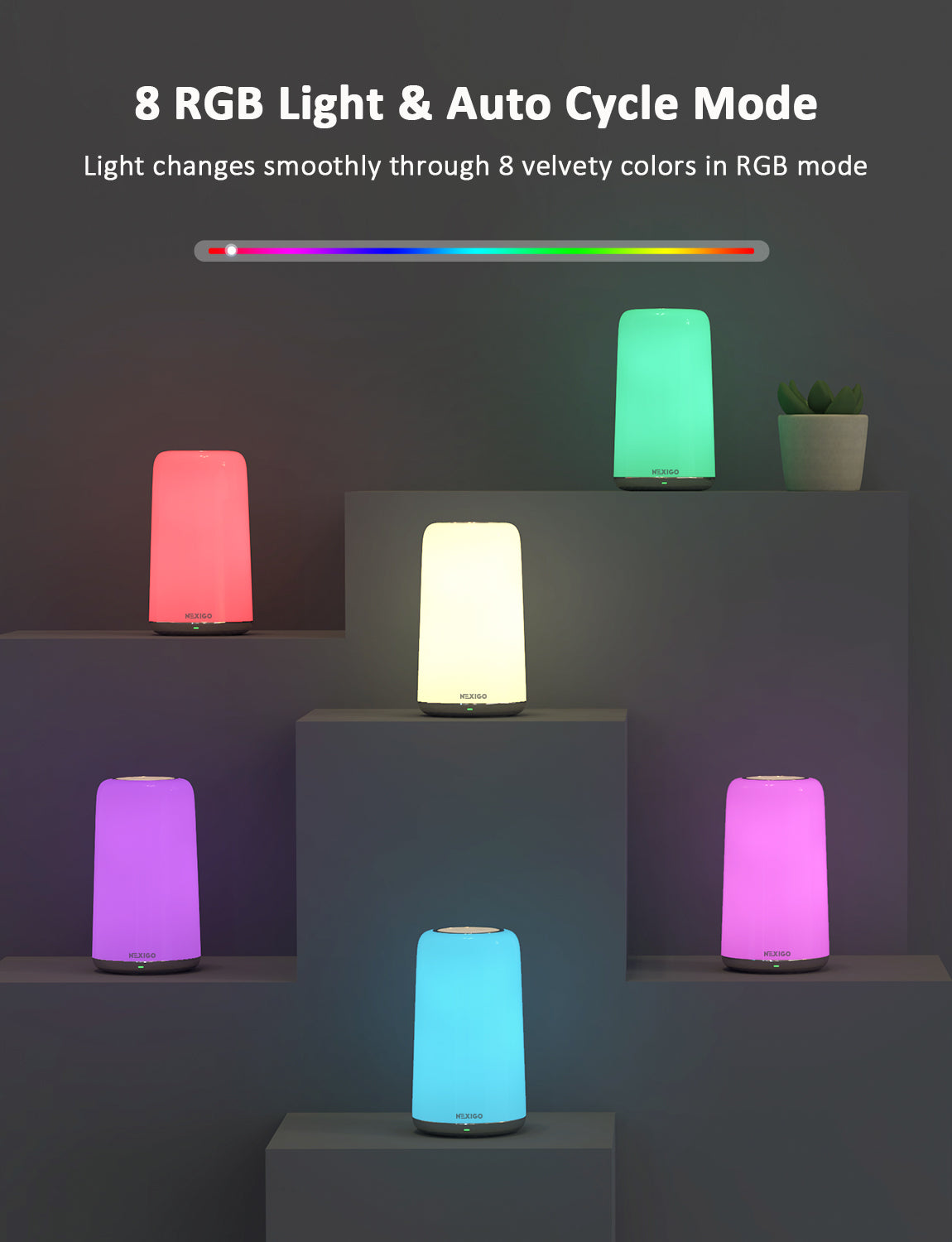 The image shows 8 RGB colors, an auto-cycle mode for color switching with taps.
