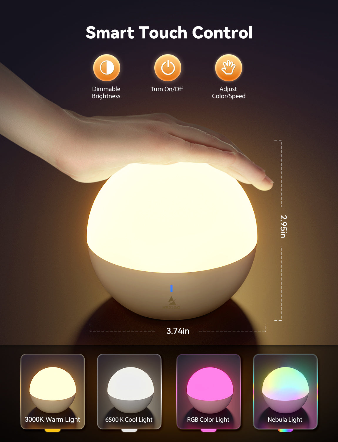 Touch the top of the palm-sized light to power on/off, adjust brightness, and change color/speed.