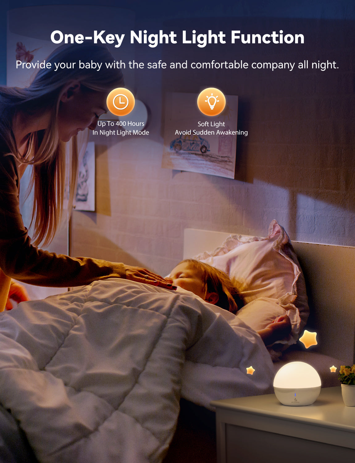 Soft night light accompanies the child throughout the night's sleep