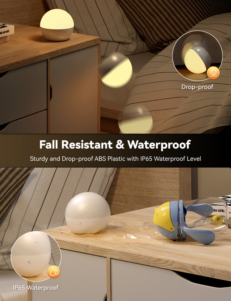The night light is made of sturdy and drop-proof ABS plastic with an IP65 waterproof level