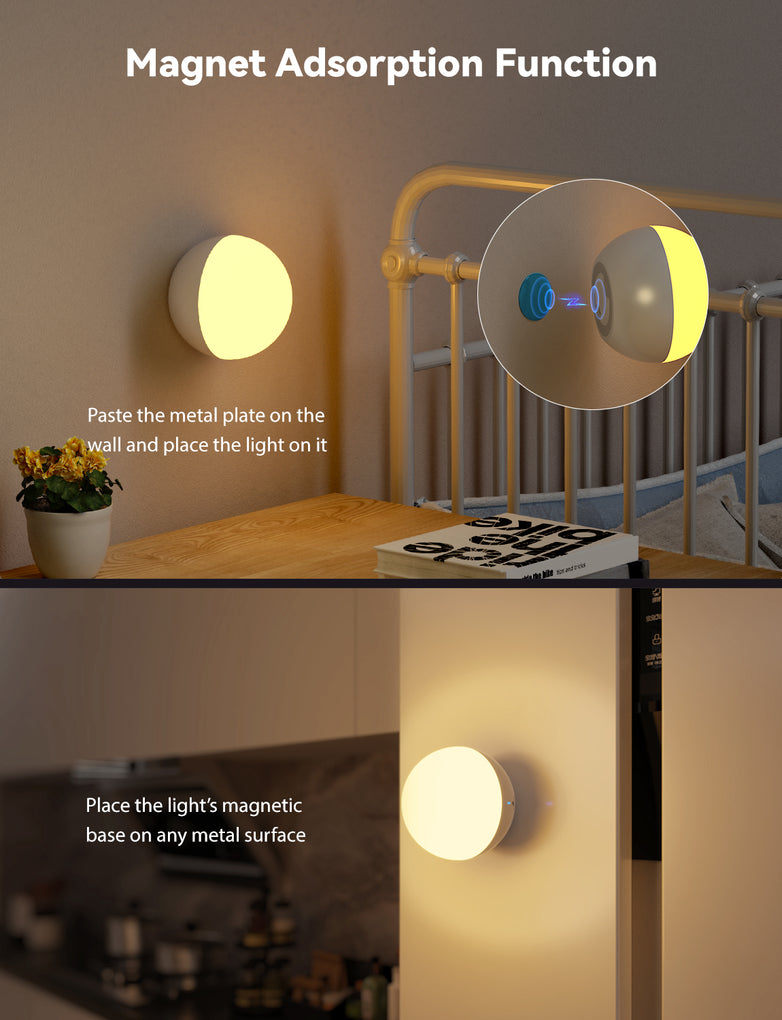 The night light has a magnetic bottom, allowing it to be attached to any metal surface