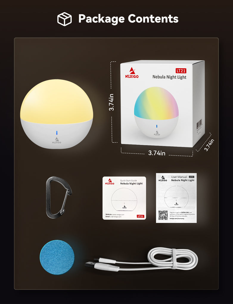 The night light package contents include the light, user manual, charging cable, etc