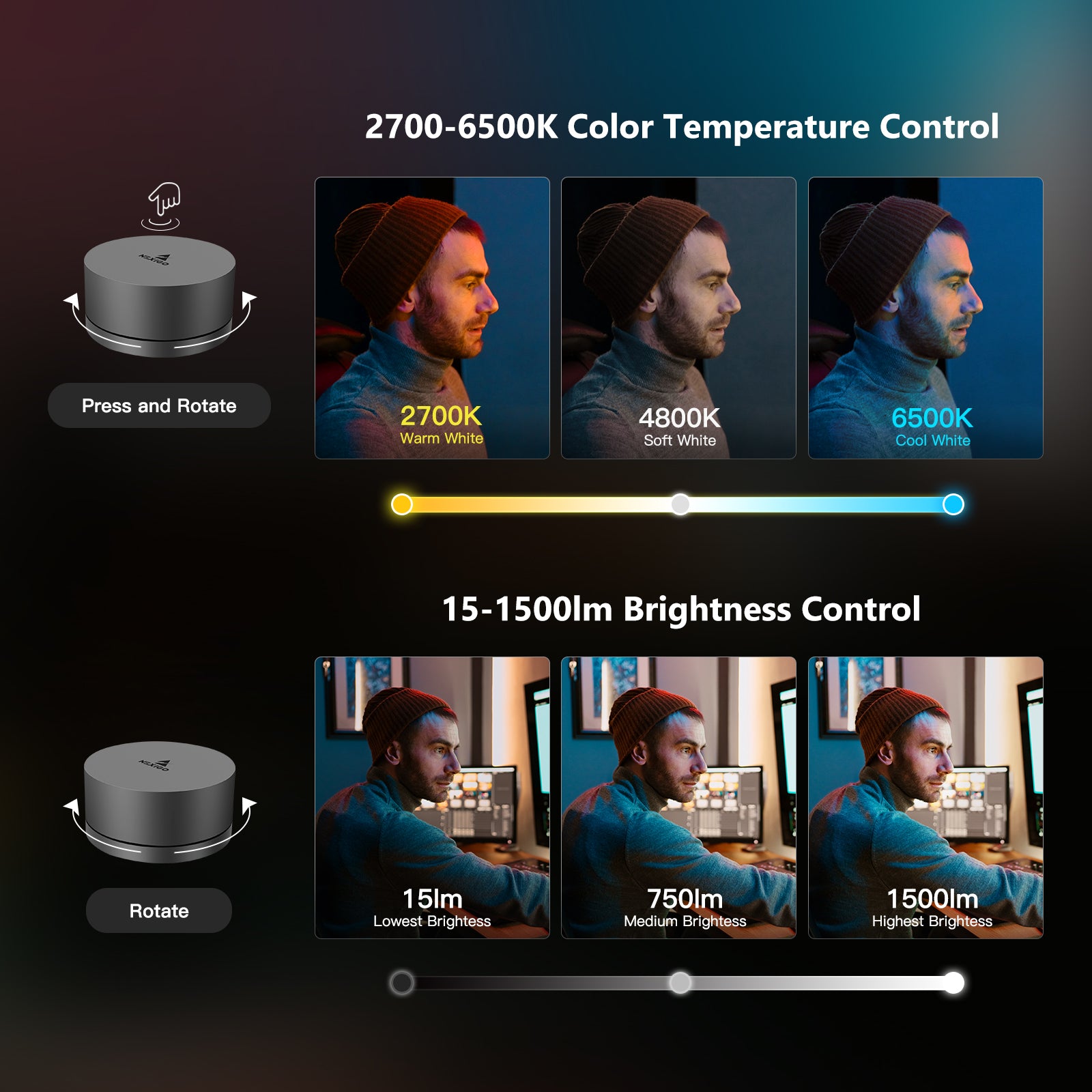 Press and rotate to control the LT30 key light's brightness and color